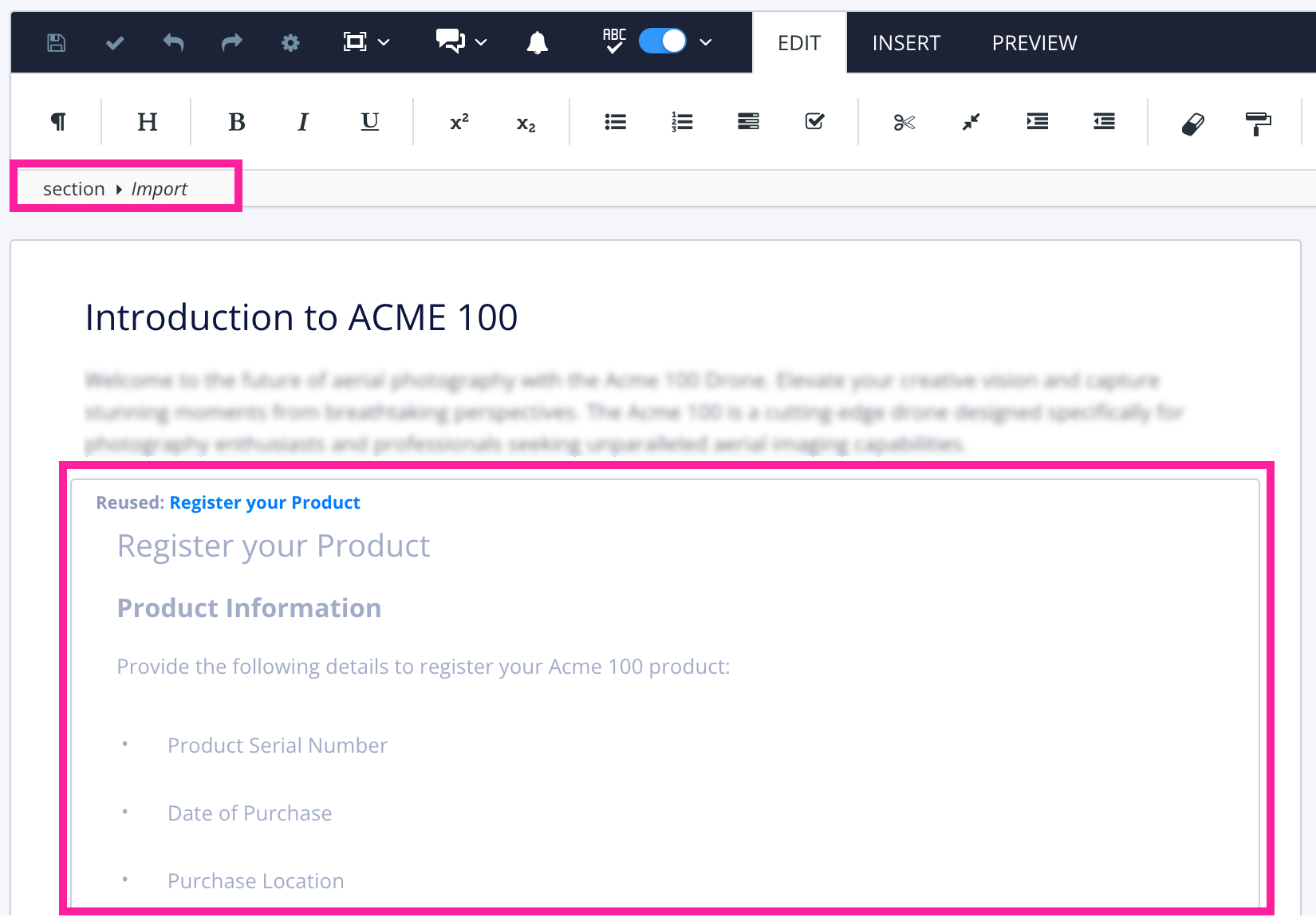 A "parent" topic that contains another topic as a subsection. A callout box highlights the import element in the Element Structure Menu. Another callout box highlights the subsection "child" topic.