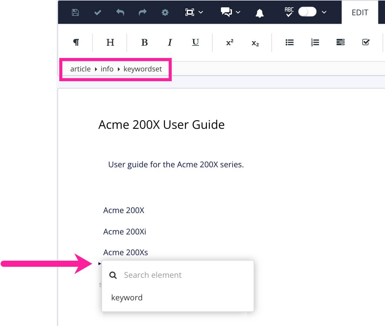 Close up of Paligo editor. The element structure menu shows article > info > keywordset. An arrow points to the cursor position between a keyword and the next element.