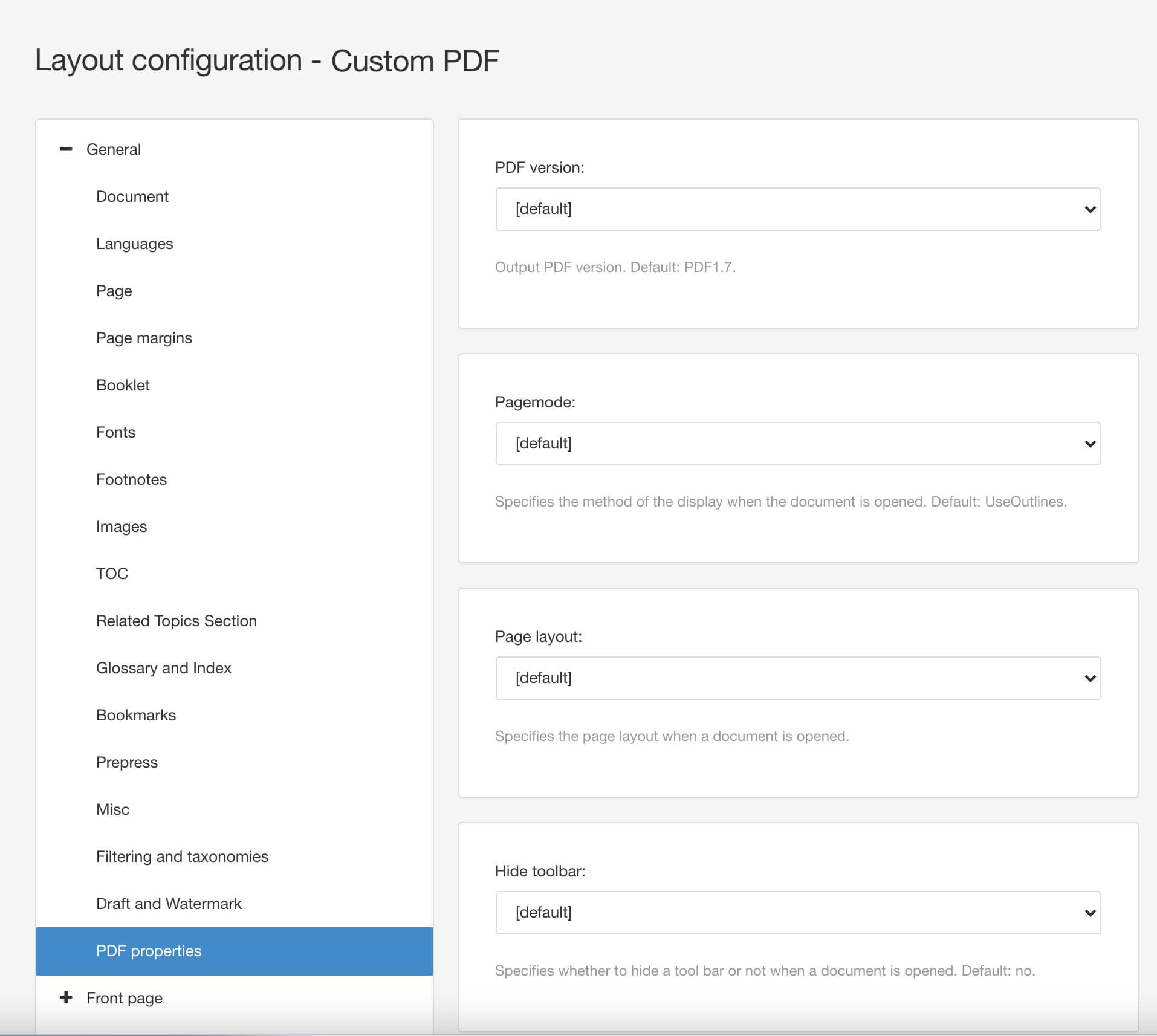 PDF Layout. The General > PDF properties are shown and there are fields and drop-down lists to make selections.