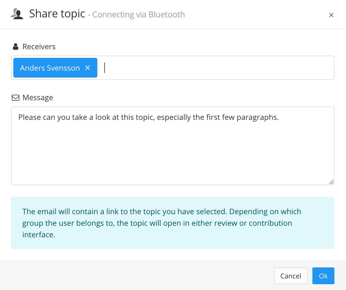 Share topic dialog. It has a receivers field and a message field.