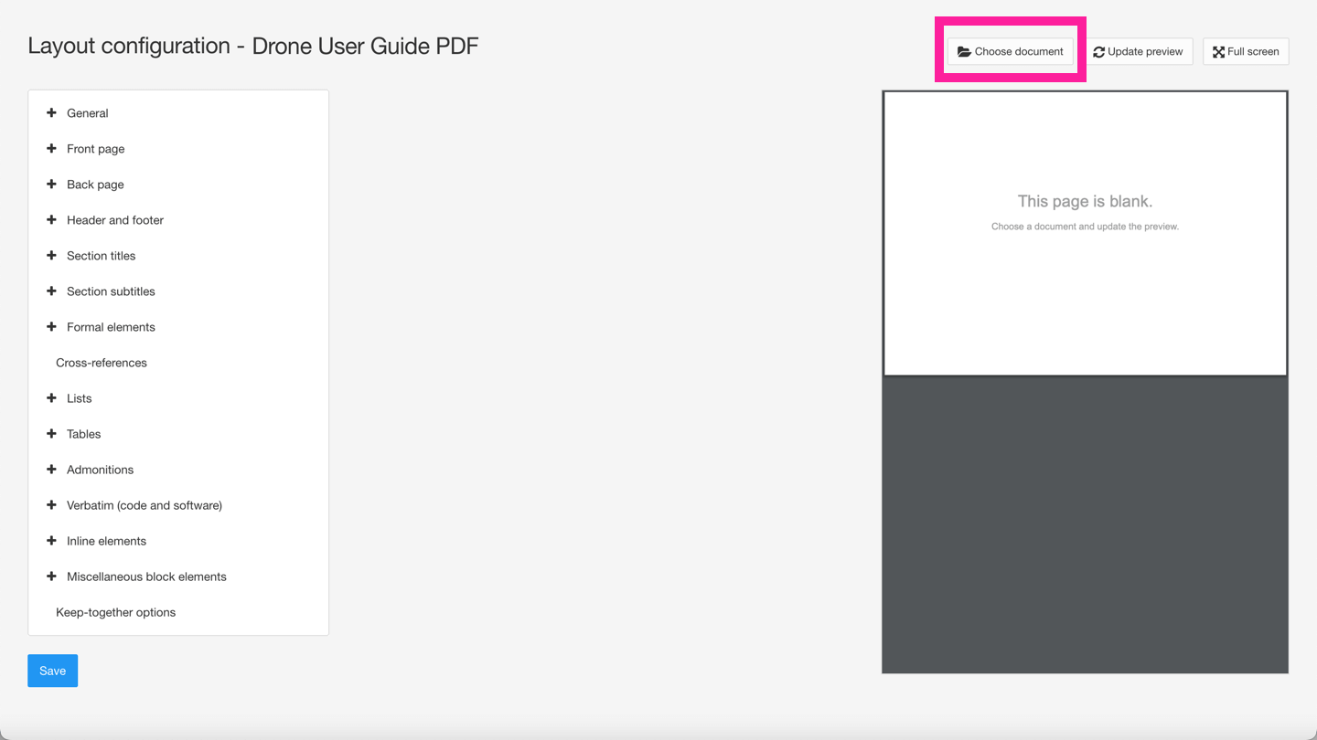 Paligo PDF layout editor. There is a hierarchy of settings on the left side, a space in the middle and a preview on the right side. Above the preview, a choose document button is highlighted.