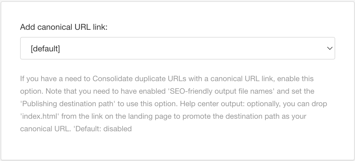 HTML5 layout. Add canonical URL link setting. It has a dropdown menu with options for Enable, Disable, and Default.
