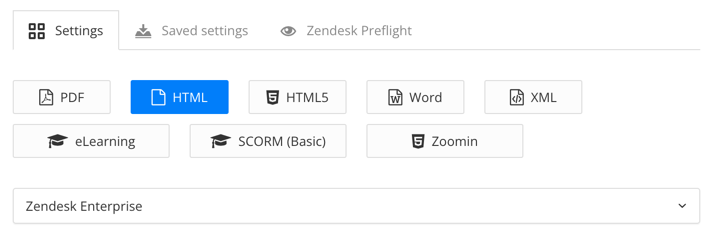 Close-up of top of Publish document dialog. It shows HTML has been selected as the publishing type. Zendesk Enterprise has been chosen as the Zendesk layout.