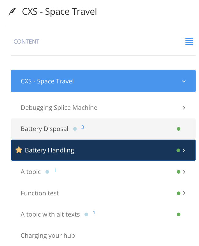 Table of contents shows context. Publication is highlighted in blue, the currently displayed topic is highlighted in dark blue with a gold star.