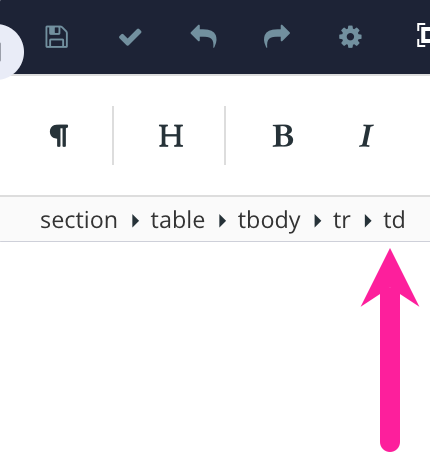 Close-up of the Element Structure Menu. It shows the path to the currently selected element. In this case, Section followed by table, tbody, tr, and finally td.