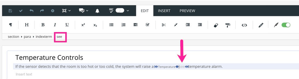 Paligo editor shows a para that contains an indexterm element. Inside the indexterm element is a primary element with a main term. There is also a see element.