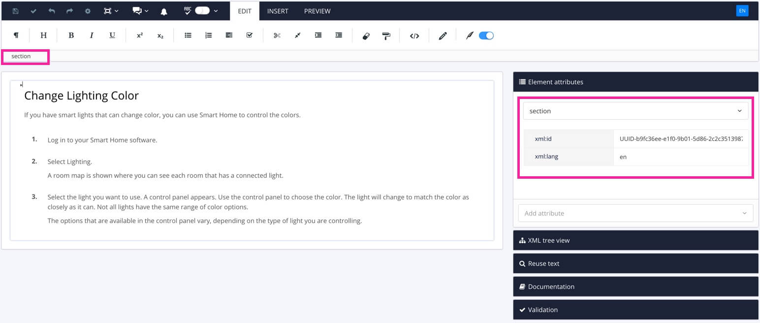 Paligo topic. The top section element is selected and its attributes are shown in the element attributes panel.