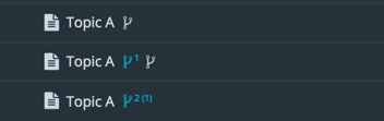 Consecutive branching example. There are three topics. The original has a gray branch symbol. The first branch has a blue branch symbol numbered 1 and a gray branch symbol. The third topic has a blue branch symbol numbered 2 and also 1 in brackets.