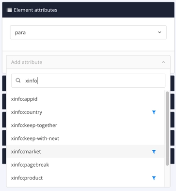 Element attributes dialog. The add attribute dropdown is selected revealing a menu. The user has searched for xinfo, so the menu shows the xinfo options, which are for filtering.