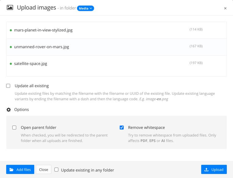 Upload images dialog. It lists three new images that are going to be uploaded to Paligo.