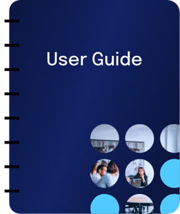 An illustration of a user guide's front cover. It has "user guide" in text and an image in the bottom corner. The binding for the user guide is on the left-hand edge.