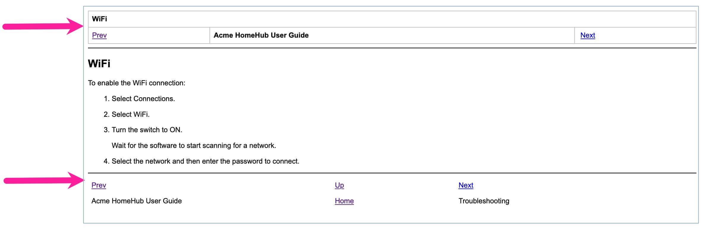 HTML output with callout arrows pointing to header at top and footer at the bottom.