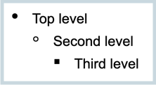 A three-level bullet list. The top level has a disk as the bullet. The second level has a circle (outline) as a bullet. The third level has a square as the bullet.