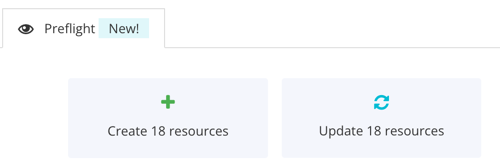 Top of preflight tab. There is a panel showing how many resources Paligo will create. Next to it is another panel that shows how many resources Paligo will update.