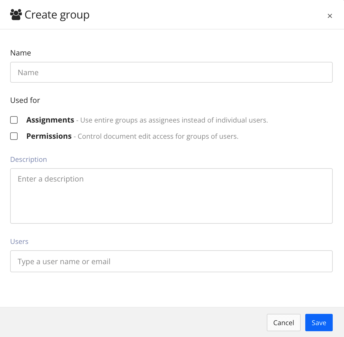 Create group dialog. There are settings for adding a name, description, and users. There are also checkboxes for choosing the type of group.