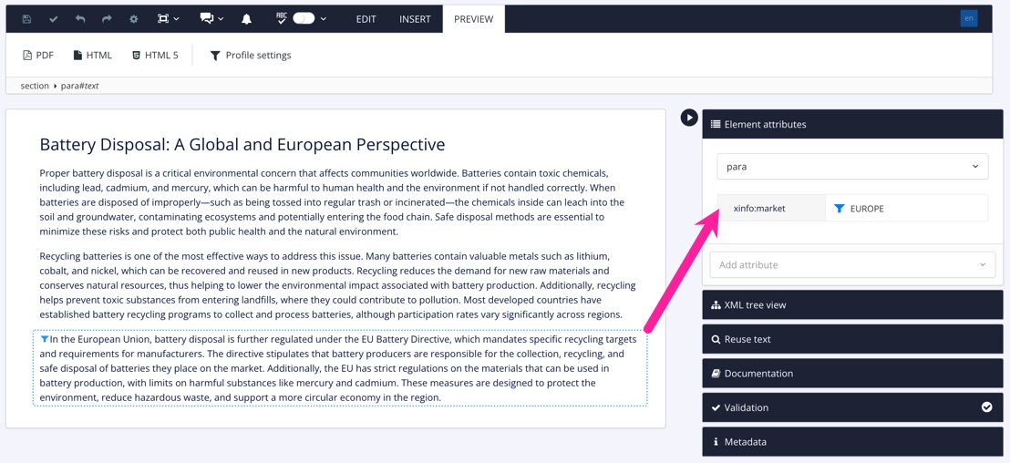 A topic in the main editor. It has three paragraphs. The last paragraph has an xinfo:market filter attribute with a filter value set to EUROPE.