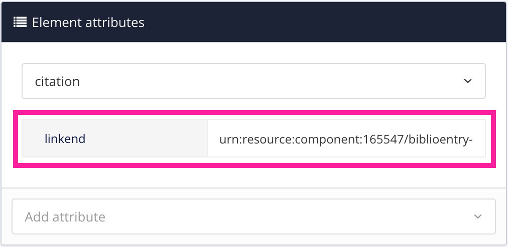 Element attributes panel. The citation element is selected. It has a linkend attribute and the value is a URL. A callout box highlights the linkend attribute and its value.