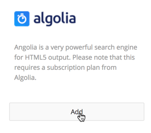 Algolia module in Paligo integration settings. It has an add button.