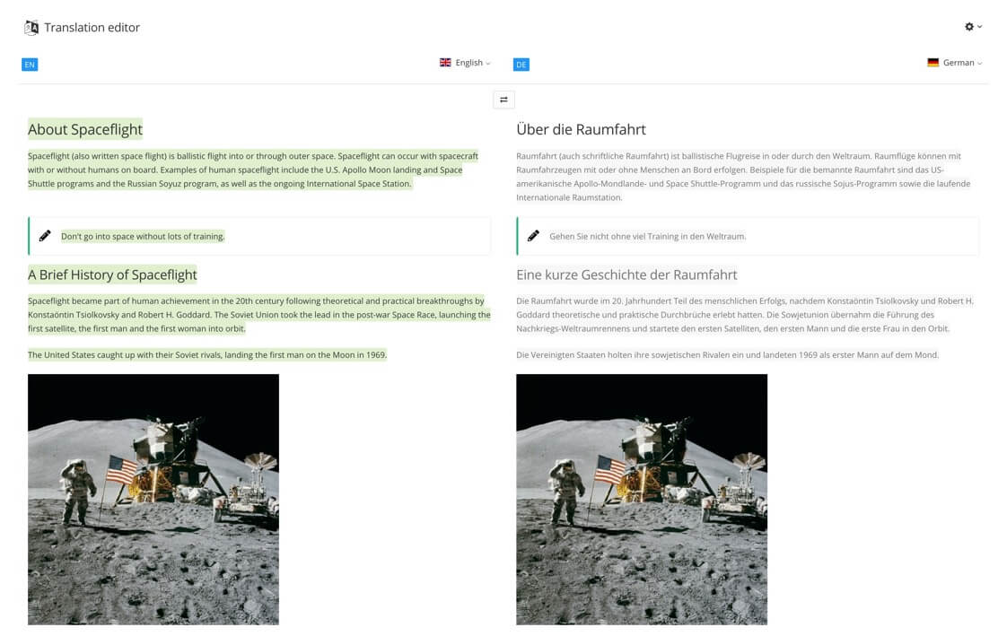 Translation view is split 50/50 on the screen, with an English page on the left and the translated German version on the right.