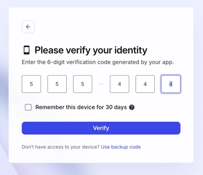 Please verify your identity panel. It has 6 boxes for entering each digit of the verification code. Below that there is a remember this device for 30 days checkbox, a verify button, and a use backup code link.