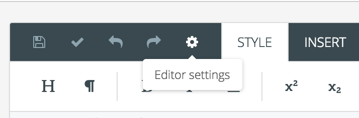 Paligo editor toolbar. There is a series of icons. A callout is under a cog icon and the callout text says Editor settings.