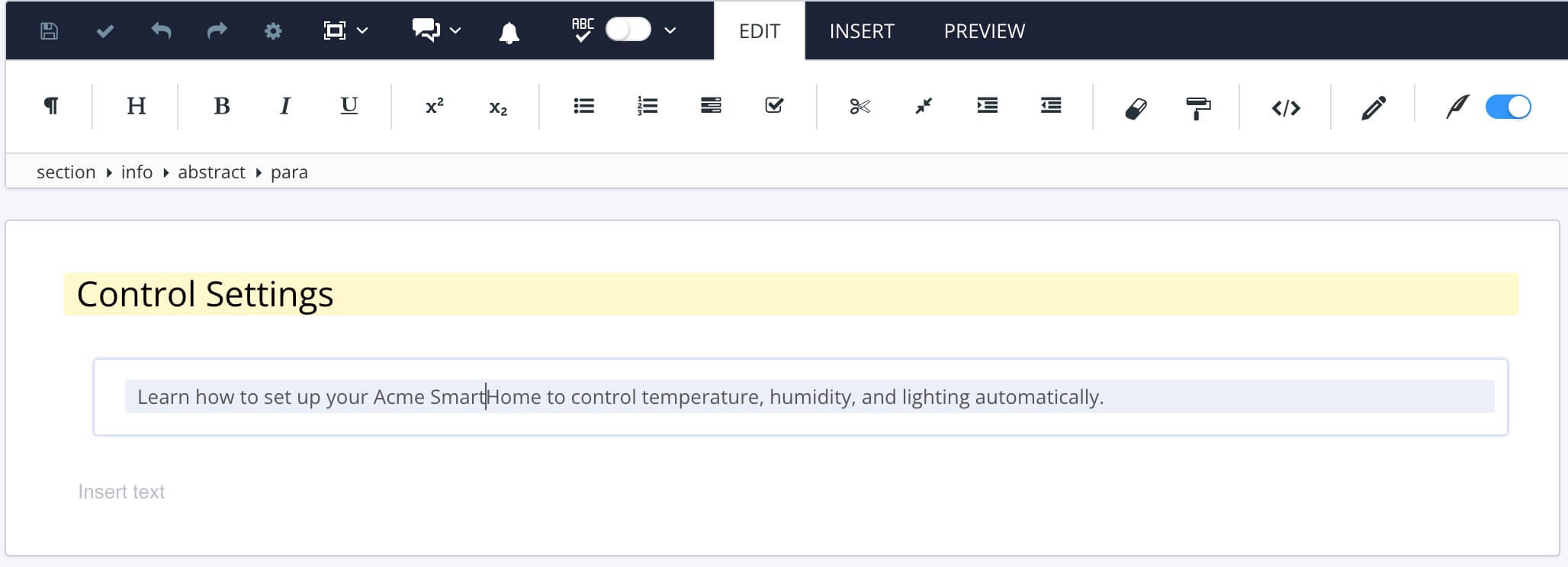 A topic in the Paligo editor. An info element has been added and inside that, an abstract element. Inside the abstract element there is a para element containing the text for the description.