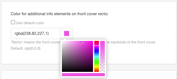 Color for additional info elements on front cover recto setting. It has a checkbox that is cleared and a color field. There is a color button selected, revealing a color selector.