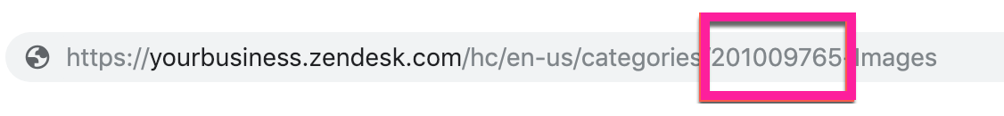 The address bar in Zendesk showing a URL for a category. The URL contains a number and that number is the category ID.