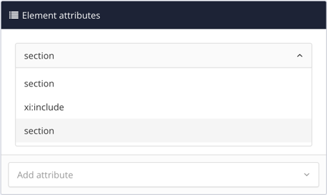 Element attributes panel. The section element is selected revealing a drop-down menu with options. One of the options is xi:include.