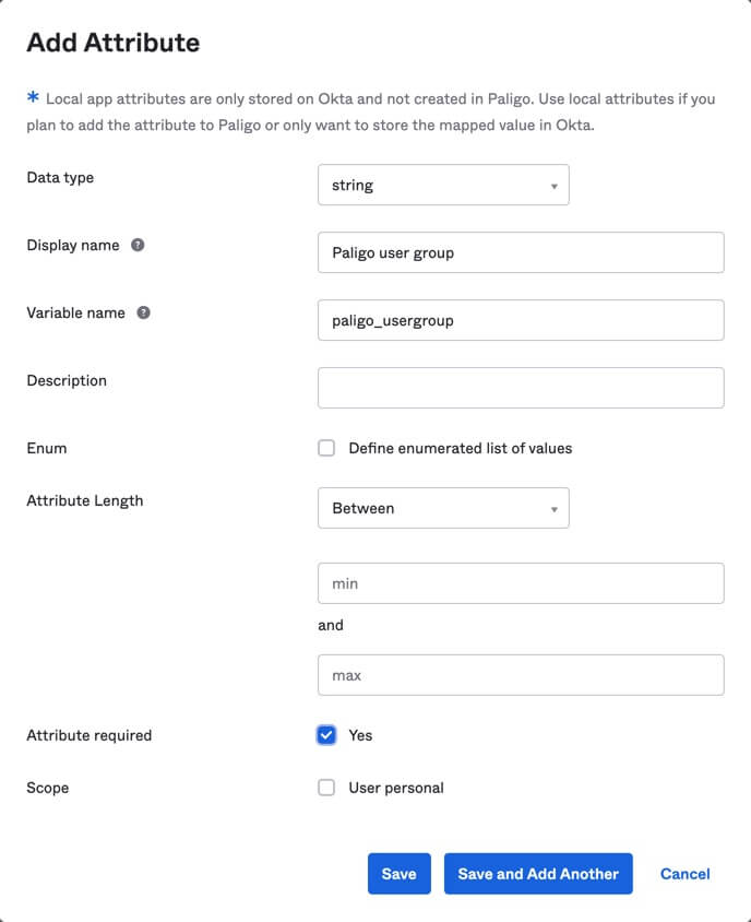 Okta Add attribute interface showing the settings for the paligo user group