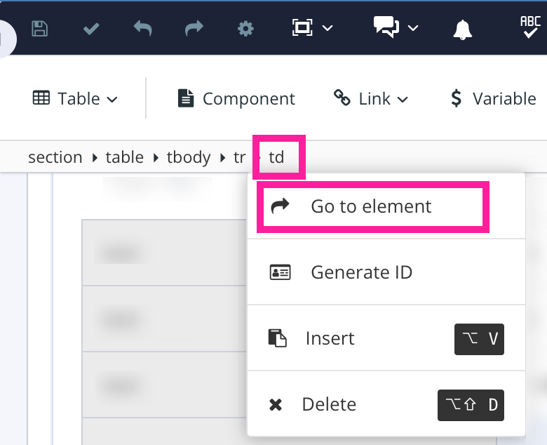 Element Structure Menu. The td element is selected, revealing a menu. The Go to element option is highlighted.