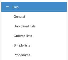 Close-up of PDF Layout editor's Lists settings. There is a Lists category with General, Unordered lists, Ordered lists, Simple lists, and Procedures subcategories.