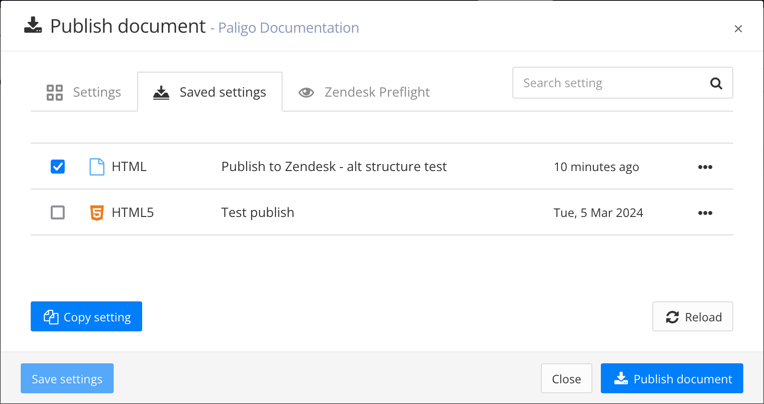 Saved settings showing the copied settings from another publication have been added to the selected publication. The copy has its checkbox checked.