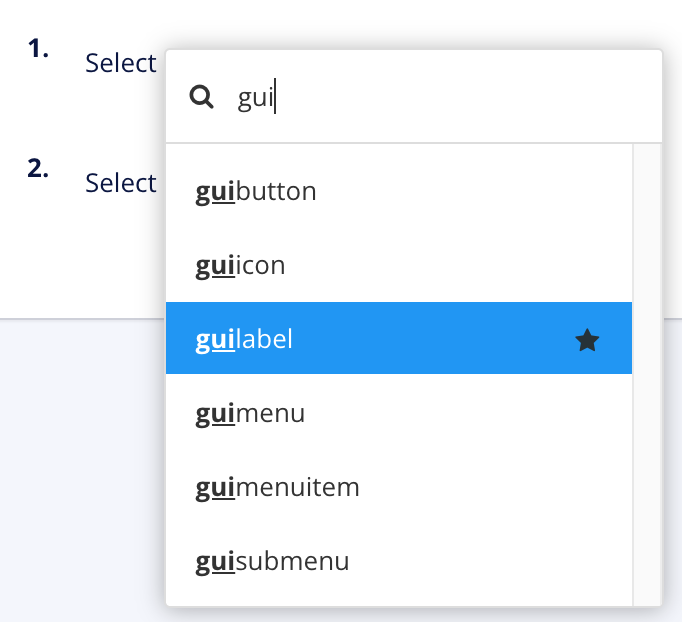 Element context menu showing a search for elements beginning with gui. The guilabel element is selected and it has a black star next to it.
