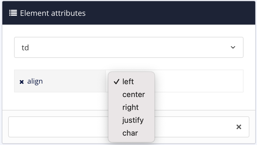 Element attributes panel. The td element is selected. The align attribute has been added and its value options are shown. The menu has options for left, center, right, justify, and char.