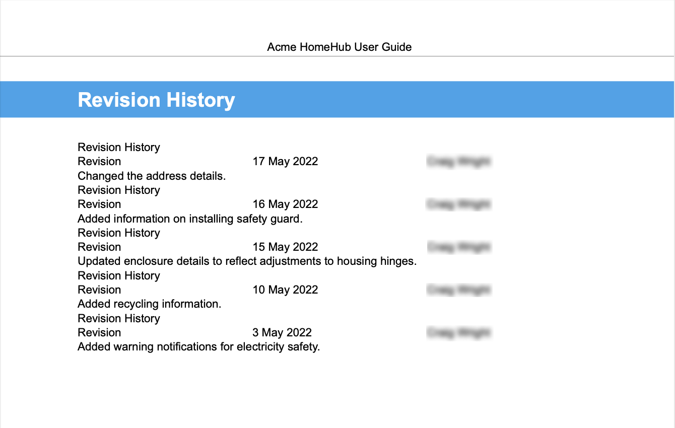 Revision history page from a PDF output. There is a list of revisions, each with details of the date, author, and a summary of the changes.