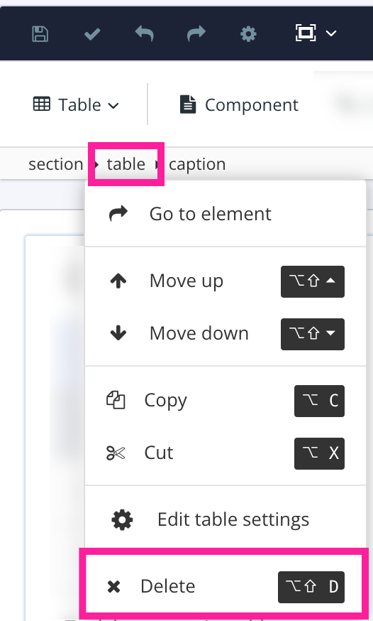 Element Structure Menu. The table element is selected, revealing a menu. The Delete option is highlighted in the menu.
