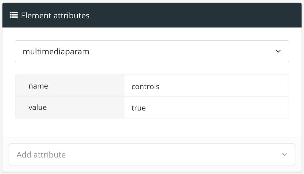 Element attributes section showing that the multimediaparam element has a name attribute set to controls and a value attribute set to true.