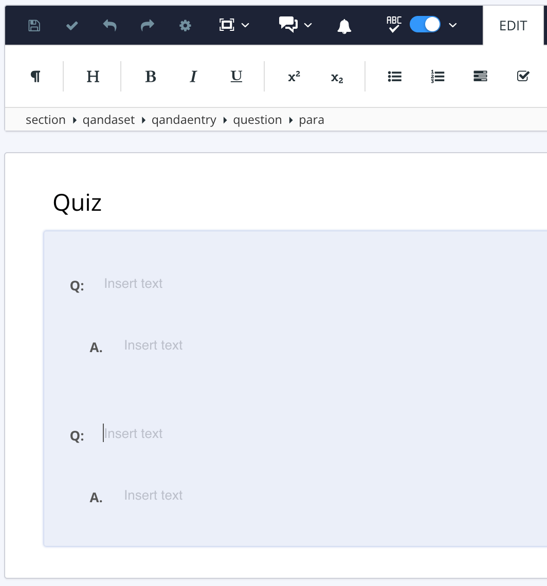 Paligo editor showing a topic quiz. There are two question and answer pairs shown in the topic. The topic contains a single qandaset and inside that there are two qandaentry elements - one for each question and answer pair.