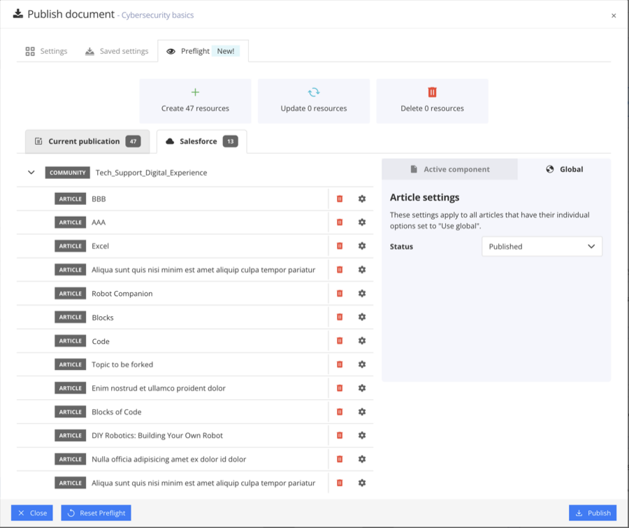 Salesforce preflight. The Salesforce tab is selected. It shows a hierarchy of the other content that already exists in Salesforce. Anything in the currently selected publication is not included in this list.