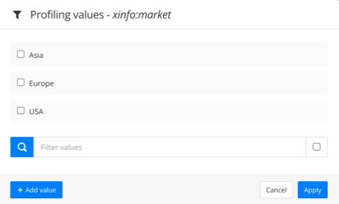 Profiling values dialog for xinfo:market. It lists the filter values that have already been added and has an Add value button for adding more.