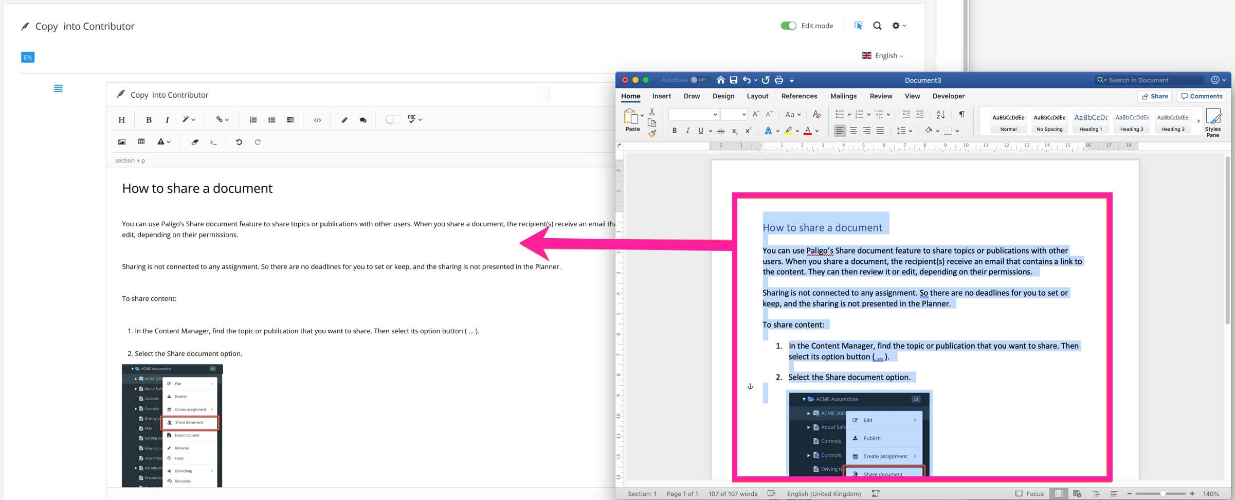 Diagram showing content from Word being copied into the contribution editor.