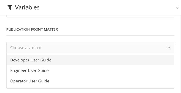 Variables options when publishing. The drop down menu contains a list of the available variants.