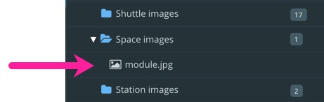 A "space images" folder contains a "module.jpg" image. The folder does not contain the language variants of the "module.jpg" folder, but they do exist in the database. They cannot be viewed in the media library.