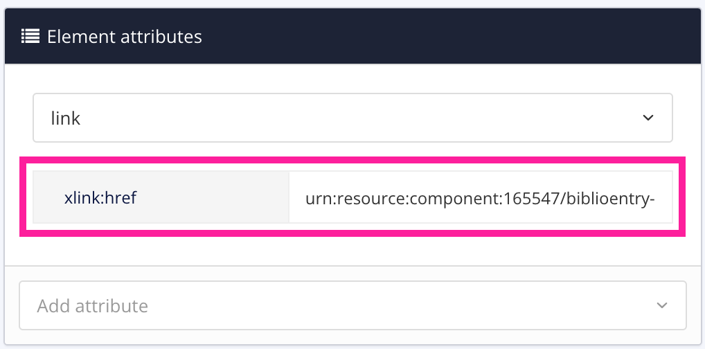 Element attributes panel. The link element is selected. It has an xlink:href attribute and the value is a URL. A callout box highlights the xlink:href attribute and its value.