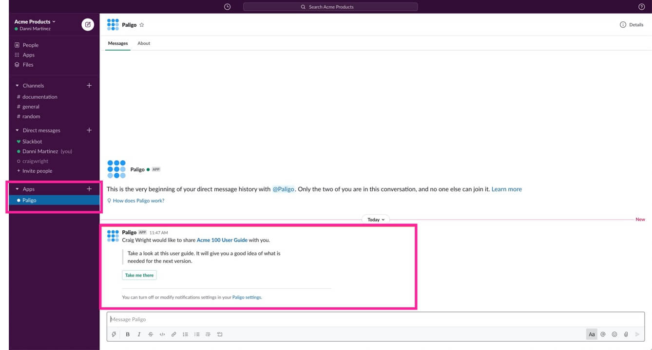 Slack interface showing a direct message that has been received from Paligo.