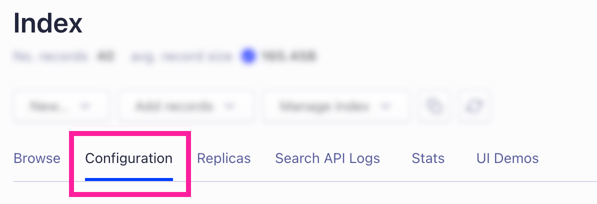 Index settings in Algolia. The Configuration tab is highlighted.