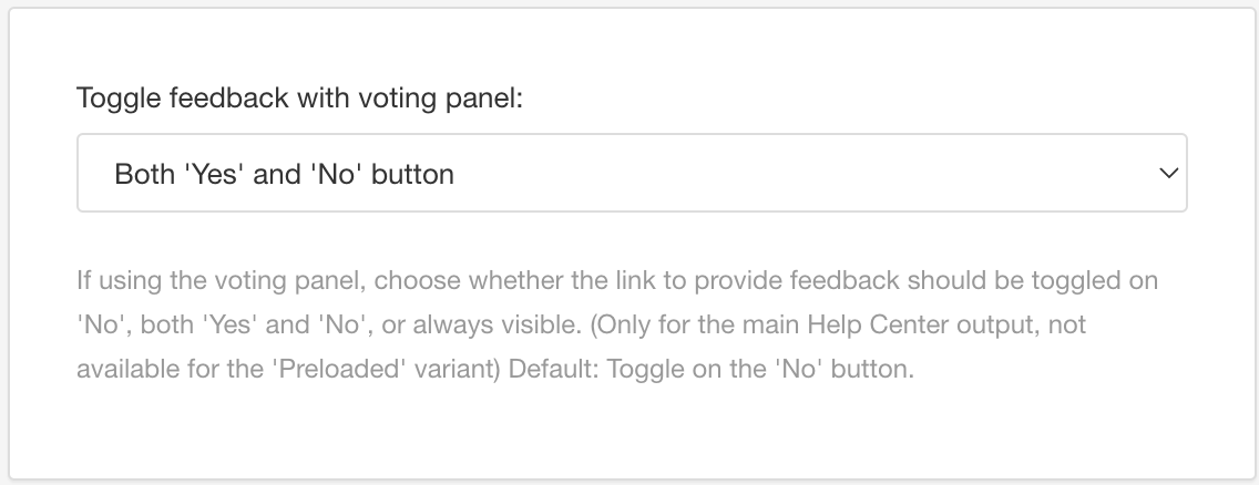 HTML5 layout editor, Feedback category. The Toggle feedback with voting panel setting has a dropdown with options called: No button only, Both yes and no button, and No toggle - always visible.