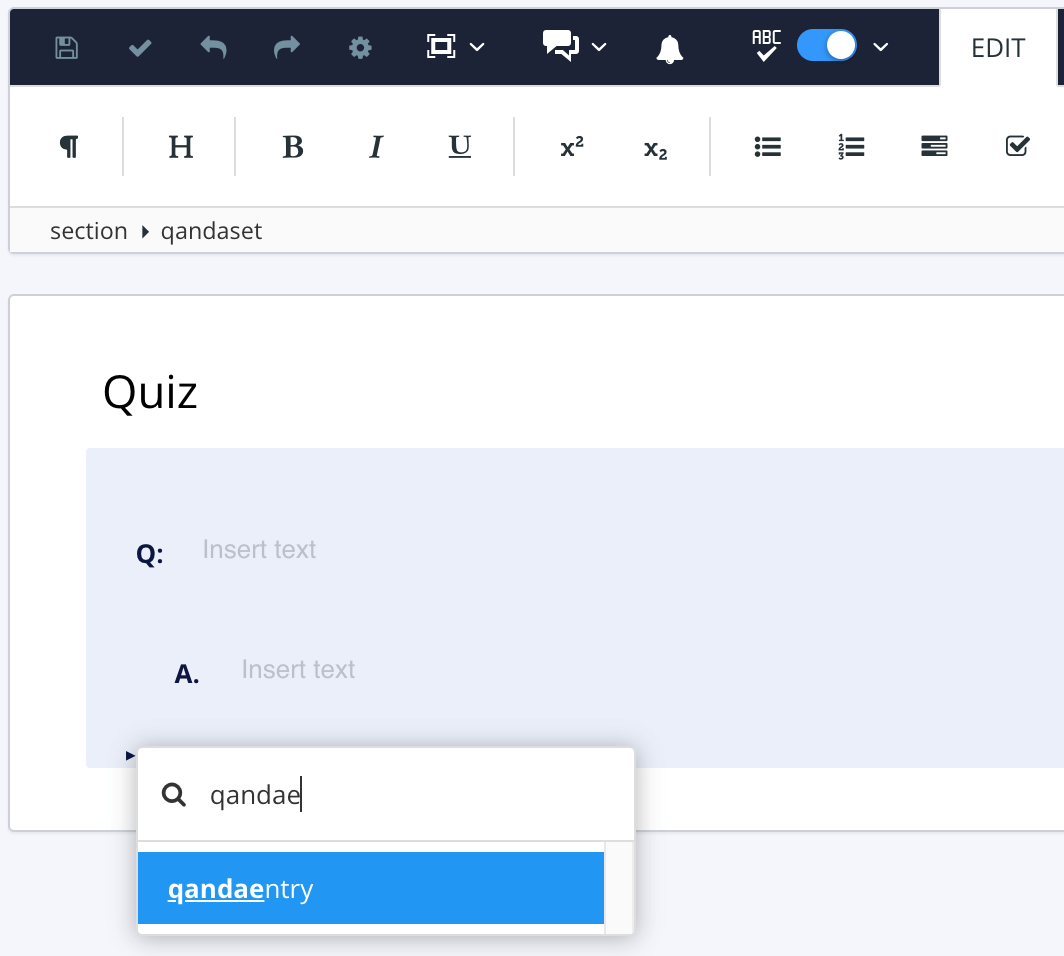 Paligo editor shows a quiz topic. The cursor is positioned after the previous qandaentry element, but inside the same qandaset element. The context menu shows the user has searched for qandae and is about to add a qandaentry element.