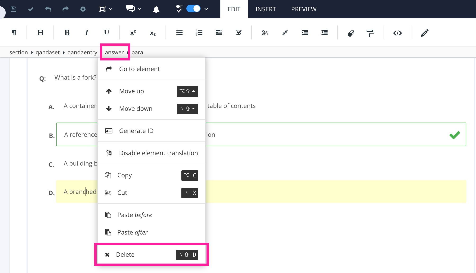 Quiz topic in the Paligo editor. The user has selected the answer element in the Element Structure Menu. This reveals a dropdown menu and the Delete option is highlighted.